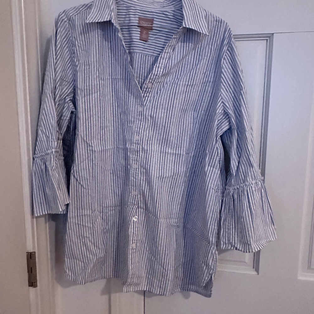 Chico's Light Blue and White Striped Button Down Shirt